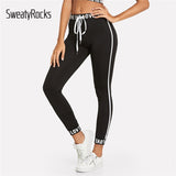 SweatyRocks Black Fitness Letter Print Drawstring Workout Elastic Casual Leggings 2018 Autumn Sporting Women Fashion Pants