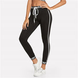 SweatyRocks Black Fitness Letter Print Drawstring Workout Elastic Casual Leggings 2018 Autumn Sporting Women Fashion Pants