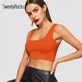 SweatyRocks Orange Solid Sport Bra Fitness Scoop Neck Crop Tank Active Wear Fashion Women Clothes Top Slim Fit Casual Bra