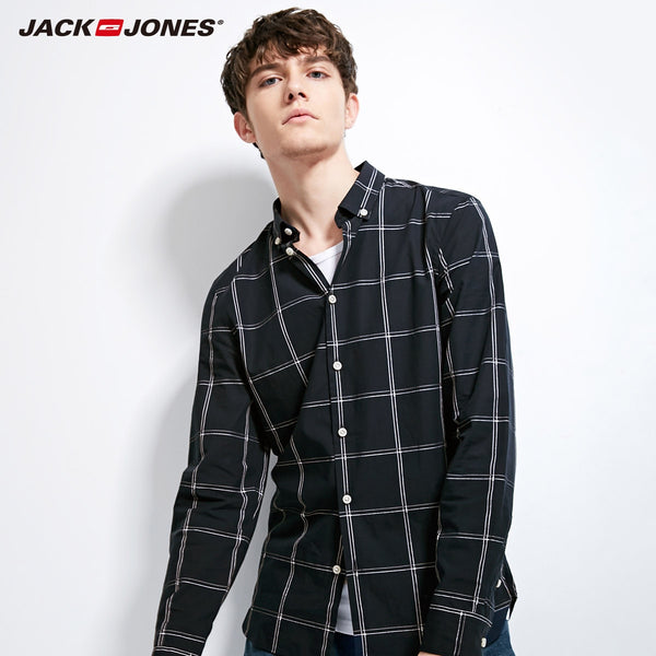 JackJones 100% cotton slim fit pointed collar long-sleeved shirt with check pattern Male Shirt Popular DesignsM|217305519