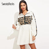 SweatyRocks Quarter Zip Contrast Leopard Hooded Dress Streetwear Drawstring Waist Women Clothes 2019 Summer Casual Mini Dresses