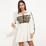 SweatyRocks Quarter Zip Contrast Leopard Hooded Dress Streetwear Drawstring Waist Women Clothes 2019 Summer Casual Mini Dresses