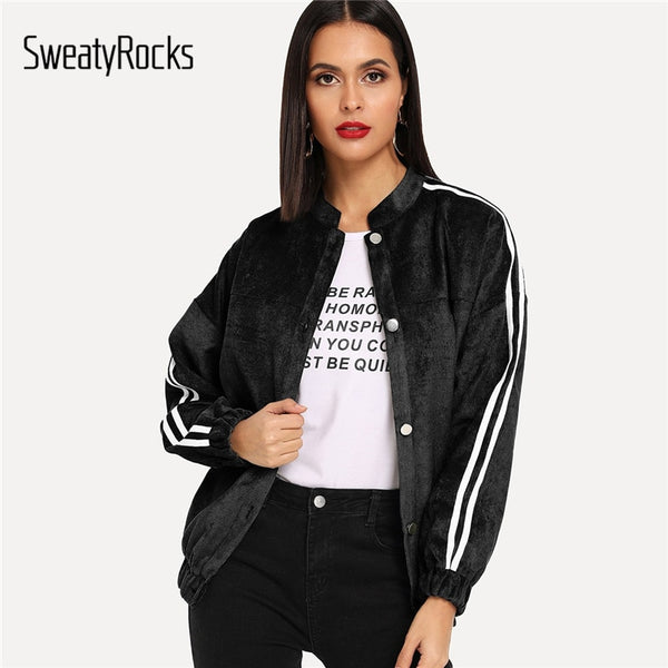 SweatyRocks Black Button Up Striped Side Corduroy Jacket Streetwear Bomber Jacket 2019 Spring Casual Women Coats And Jackets