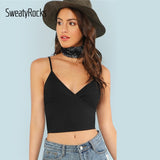 SweatyRocks Backless Surplice Wrap Crop Cami Top Streetwear Deep V Neck Sexy Vest 2019 Summer Women Casual Skinny Black Tops