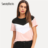 SweatyRocks Colorblock Short Sleeve T-shirt Streetwear O-Neck Fashion Tees 2019 Summer Casual Women Stretchy Pullovers Tops