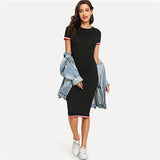 SweatyRocks Black Striped Trim Tee Dress Streetwear Round Neck Women Casual Clothes 2019 New Spring Summer Bodycon Long Dress