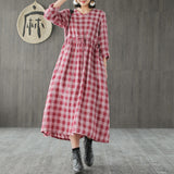 Johnature Cotton Linen Bandage Dress Women V-Neck Long Sleeve Plaid 2019 Spring New Vintage Casual Women Clothing Dress
