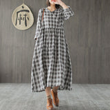 Johnature Cotton Linen Bandage Dress Women V-Neck Long Sleeve Plaid 2019 Spring New Vintage Casual Women Clothing Dress