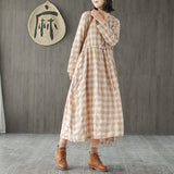 Johnature Cotton Linen Bandage Dress Women V-Neck Long Sleeve Plaid 2019 Spring New Vintage Casual Women Clothing Dress