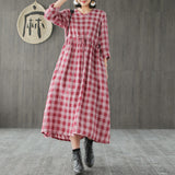 Johnature Cotton Linen Bandage Dress Women V-Neck Long Sleeve Plaid 2019 Spring New Vintage Casual Women Clothing Dress