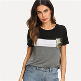 SweatyRocks Colorblock Sequin Pocket Tee Streetwear Short Sleeve Shirt Women Pullover Tops 2019 Summer Casual Stretchy T-shirt