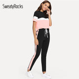 SweatyRocks Color Block Tee And Drawstring Tape Pants Set Streetwear Short Sleeve Women Tracksuit 2019 Spring Casual 2 Piece Set