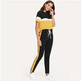 SweatyRocks Color Block Tee And Drawstring Tape Pants Set Streetwear Short Sleeve Women Tracksuit 2019 Spring Casual 2 Piece Set