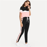 SweatyRocks Color Block Tee And Drawstring Tape Pants Set Streetwear Short Sleeve Women Tracksuit 2019 Spring Casual 2 Piece Set