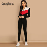 SweatyRocks Zip Up Colorblock Unitard Jumpsuit Bodycon Women Activewear Skinny Clothes 2019 New Casual Long