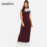 SweatyRocks Color Block Longline Polo Dress Streetwear Women Short Sleeve Casual Clothes 2019 Summer Burgundy Maxi Shirt Dresses