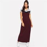 SweatyRocks Color Block Longline Polo Dress Streetwear Women Short Sleeve Casual Clothes 2019 Summer Burgundy Maxi Shirt Dresses
