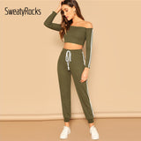 SweatyRocks Green Off Shoulder Lettuce Trim Crop Top And Pants Tracksuit Activewear 2019 Spring Fashion Women Casual 2 Piece Set