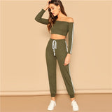 SweatyRocks Green Off Shoulder Lettuce Trim Crop Top And Pants Tracksuit Activewear 2019 Spring Fashion Women Casual 2 Piece Set
