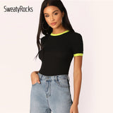 SweatyRocks Neon Yellow Ringer Neck And Cuff Tee Women Short Sleeve Stretchy Top Streetwear Clothing 2019 Summer Black T-shirt
