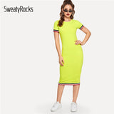 SweatyRocks Neon Yellow Striped Cuff Bodycon Dress Women Elegant Stretchy Slim Dresses 2019 Summer Streetwear Casual Long Dress