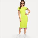 SweatyRocks Neon Yellow Striped Cuff Bodycon Dress Women Elegant Stretchy Slim Dresses 2019 Summer Streetwear Casual Long Dress