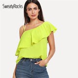 SweatyRocks Neon Yellow Ruffle Asymmetrical Neck Solid Top Sexy Boho Fashion Tops 2019 Summer Women Streetwear Tees