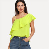 SweatyRocks Neon Yellow Ruffle Asymmetrical Neck Solid Top Sexy Boho Fashion Tops 2019 Summer Women Streetwear Tees