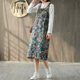 Johnature 2019 Straigth New Cotton Pockets Button Fashion Denim Dress Print knee-length Casual Spring Summer Denim Dress