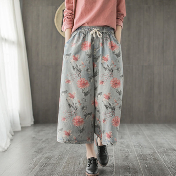 Johnature 2019 Casual Floral  Cotton Pockets Loose Wide Leg Demin Jeans Print Ankle Length Drawstring Spring Women Demin Pants