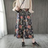 Johnature 2019 Casual Floral  Cotton Pockets Loose Wide Leg Demin Jeans Print Ankle Length Drawstring Spring Women Demin Pants