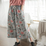 Johnature 2019 Casual Floral  Cotton Pockets Loose Wide Leg Demin Jeans Print Ankle Length Drawstring Spring Women Demin Pants