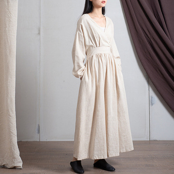 Johnature 2019 Spring Cotton Linen New V-neck Loose Solid Color Long Vintage Dress New 3 Colors Chinese Style Women Dresses