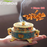 ERMAKOVA Incense Burner Holder Metal Tibetan Style Painted Enamel Zinc Alloy Coil Incense Crafts Home Office Decoration Gift