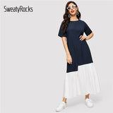 SweatyRocks Color Block Drop Shoulder Longline Dress Women 2019 Summer Streetwear Dresses Casual Loose Modest Navy Dress