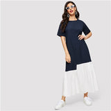 SweatyRocks Color Block Drop Shoulder Longline Dress Women 2019 Summer Streetwear Dresses Casual Loose Modest Navy Dress