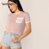 SweatyRocks Pink Pocket Patched Ringer Tee for Women 2019 Summer Streetwear T-shirts Casual Female Preppy Round Neck Tops