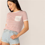 SweatyRocks Pink Pocket Patched Ringer Tee for Women 2019 Summer Streetwear T-shirts Casual Female Preppy Round Neck Tops