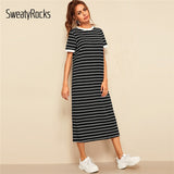 SweatyRocks Black Horizontal Striped Tunic Ringer Dress For Women Short Sleeve Summer Dresses 2019 Straight Midi Shirt Dress