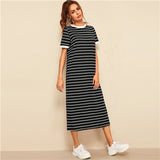 SweatyRocks Black Horizontal Striped Tunic Ringer Dress For Women Short Sleeve Summer Dresses 2019 Straight Midi Shirt Dress