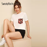 SweatyRocks Ditsy Floral Pocket Patched Tee for Women 2019 Summer Streetwear White Basics T-shirts