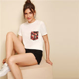 SweatyRocks Ditsy Floral Pocket Patched Tee for Women 2019 Summer Streetwear White Basics T-shirts