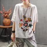 Johnature New Style Embroidery Linen Round Neck Women T-shirt 2019 Summer Half Sleeves Plus Size Casual Loose Women t-shirt