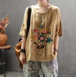 Johnature New Style Embroidery Linen Round Neck Women T-shirt 2019 Summer Half Sleeves Plus Size Casual Loose Women t-shirt