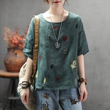 Johnature New Style Casual Retro Literary Linen Female T-shirt 2019 Summer Loose Round Neck Half Sleeves Women t-shirt