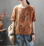 Johnature New Style Casual Retro Literary Linen Female T-shirt 2019 Summer Loose Round Neck Half Sleeves Women t-shirt