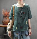 Johnature New Style Casual Retro Literary Linen Female T-shirt 2019 Summer Loose Round Neck Half Sleeves Women t-shirt