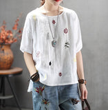Johnature New Style Casual Retro Literary Linen Female T-shirt 2019 Summer Loose Round Neck Half Sleeves Women t-shirt
