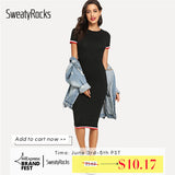 SweatyRocks Black Striped Trim Tee Dress Streetwear Round Neck Women Casual Clothes 2019 New Spring Summer Bodycon Long Dress