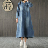 Johnature 2019 New Style Casual Cotton v-neck Loose Plus Size Denim Dress Female Spring Long Sleeve  Ladies Demin Dress
